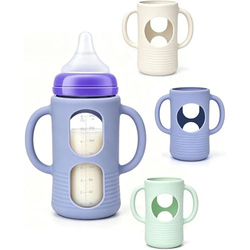 3 Pack Silicone Bottle Sleeves for Lansinoh & Pigeon Glass Baby Bottles, 8 Ounces, BPA-Free Drop-Resistant Baby Bottle Sleeves with Handles
