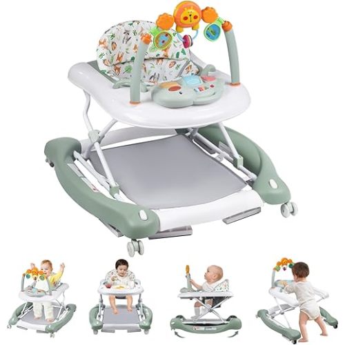 Baby Walker, 5 in 1 Baby Walkers for Boys Girls 6-12 Months, Foldable Walkers for Babies with Bouncer & Feeding Tray, Music, Adjustable Heights, Activity Walker for Infant