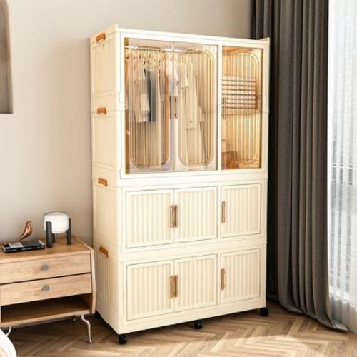 Portable Wardrobe Closet Storage Organizer for Clothes, Clothes Dresser With Magnetic Doors & Hanging Rod, Baby Wardrobe Storage Cabinet, Cream White