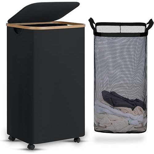 efluky Laundry Basket with Wheels, Tall Rolling Laundry Hamper with Lid and Removable Bag, Aesthetic Dirty Clothes Hamper on Wheels for Laundry Room, Bedroom, Dorm and Bathroom, 100L Black