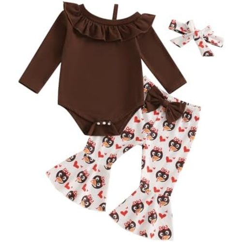 SAYOO My First Thanksgiving Baby Girl Outfit Newborn Little Turkey Bodysuit Romper Bell Bottom Pants Headband Fall Clothes