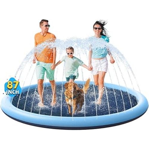 VISTOP Non-Slip Splash Pad for Kids and Dog, Thicken Sprinkler Pool Summer Outdoor Water Toys - Fun Backyard Fountain Play Mat for Baby Girls Boys Children or Pet Dog (87 inch, Blue&Blue)