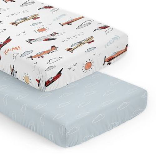 Sweet Jojo Designs Boy Fitted Crib Sheets Set Airplane Blue Red and Grey 2pc