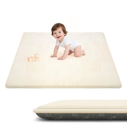 ACOMOPACK 1.3" Thick Baby Play Mat for Floor 50x50"-Memory Foam Water-Repellent Playpen Mat for Tummy Time,Non-Slip Soft Velvet Nursery Rug for Kids,Toddlers,Infants Crawling（Beige）