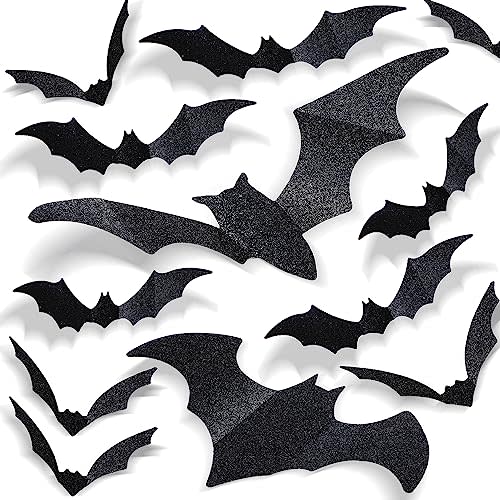 DIYASY Large Bats Wall Décor, 3D Glitter Hanging Bat Halloween Decoration Plastic Stickers for Home Party Room Decorations Waterproof Black Spooky Bats 4 Size 56 Pack