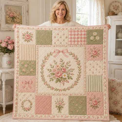 Pink Floral Quilt Blanket, Cottagecore Nursery Throw, Rose Bow Patchwork Blanket, Shabby Chic Baby Girl Room Decor Gift for Her