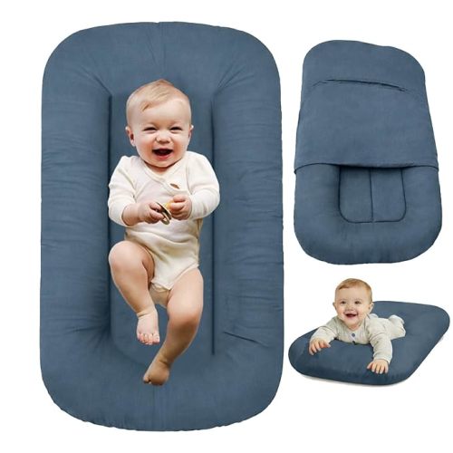 Baby Lounger 0-24 Months,Bionic Design Infant Lounger for Home and Travel with Cover,Breathable Baby Nest Waffle Fabric & 3D Support Newborn Babies Essentials Gifts,Peacock Blue