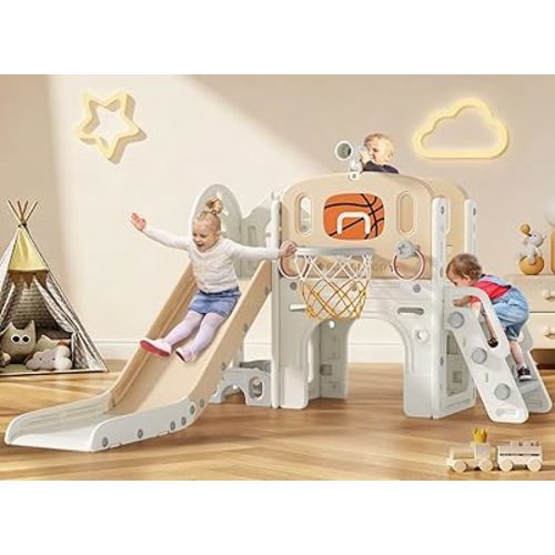 BIERUM 9 in 1 Toddler Slide, Baby Slide for Toddlers Age 1-3 with Ring Toss, Basketball Hoop and Telescope, Indoor Outdoor Playset Playground Beige Coffee