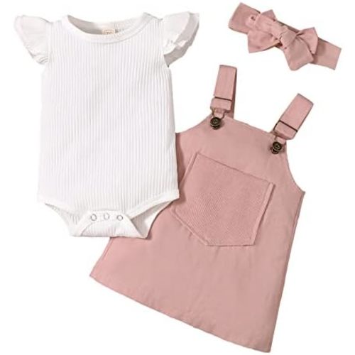 Newborn Baby Girls Clothes Ruffle Sleeve Solid Ribbed Romper Top Leopard Corduroy Suspender Skirt Overalls Dress Outfits