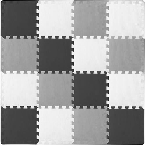 ProSource Baby Play Mat, Soft Foam Floor Tiles for Kids, Interlocking EVA Panels for Playpen Use, Crawling Development Surface, Safe Non-Toxic Toddler Flooring, 16 Tiles, Black/Gray/White