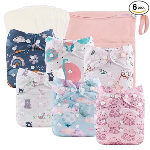babygoal Reusable Cloth Diapers 6 Pack+6pcs Rayon from Bamboo Inserts+Wet Bag, One Size Adjustable Washable Pocket Nappy Covers for Baby Girls and Boys 6FG38