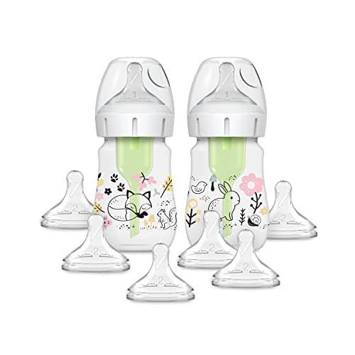 Dr. Brown’s Natural Flow® Anti-Colic Options+™ Wide-Neck Baby Bottle Designer Edition Bottles, Woodland Decos, 5 oz/150 mL, Level 1 Nipple, 2-Pack, 0m+ with 6-Pack Level 2 Nipples