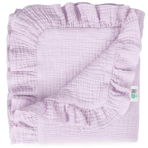 lulumoon Muslin Ruffle Baby Blanket - Soft Breathable 100% Cotton Newborn Wrap for Stroller Travel & Car Seat - Ideal for Photography & Nursery Decoration 40"x36"(Purple)