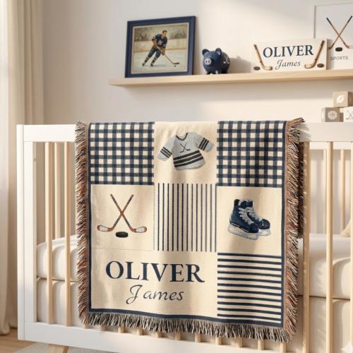 Personalized Hockey Baby Blanket Gingham Nursery Throw Newborn Baby Name Shower Gift Hockey Baby Boy Gift Sport Nursery Decor Woven Keepsake