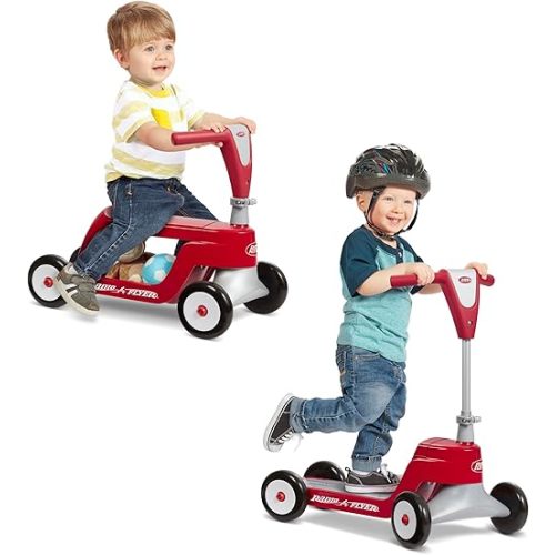 Radio Flyer Scoot 2 Ride-On Grows with Your Child, converting from a Seated Toddler Glider to a Standing Scooter for Ages 1–4, Four-Wheel Design, Classic Red, Indoor and Outdoor Fun