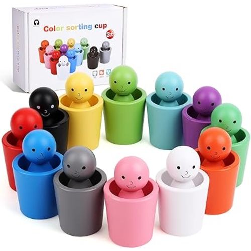 12PCS Color Sorting Cups, Wood Color Sorting Sensory Toy, Stacking Cups Toys for Ages 2-4, Preschool Learning Educational Montessori Sensory Training Activities Toys