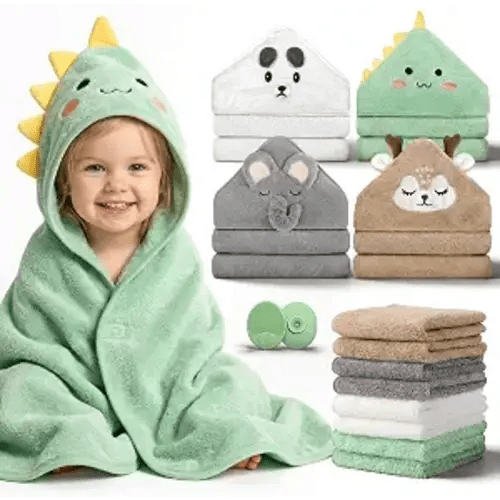 14 PCS Baby Bath Towels Set with 4 PCS Hooded Baby Towels, 8 PCS Washcloths & 2PCS Bath Brush for Infants & Toddlers, Ultra Absorbent Newborn Bath Essentials Gift for Boys & Girls