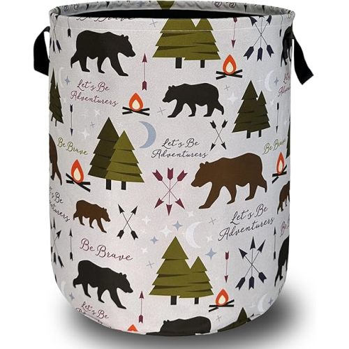 Funny Adventure Bear Forest Laundry Hamper Camping Laundry Basket With Handles Foldable Oxford Cloth Colorful Tote Bag Clothes Toy Storage Bucket 18.9"x16.5"For Bathroom/Laundry/Bedroom