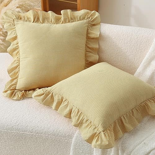 2 Pack 18 x18 inches Yellow/White Checkered Throw Pillow Covers 100% Washed Cotton Vintage Ruffle Trim Decorative Gingham Pillowcases with Zipper Closure for Bed/Living Room