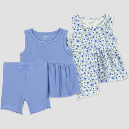 Carter's Just One You® Baby Girls' 4pc Floral Peplum Tank Top and Capri Pants Set - Blue 9M