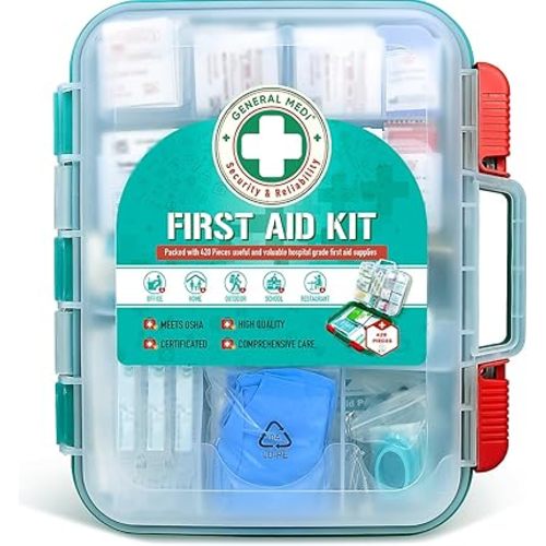 General Medi 420 Pieces Professional First Aid Kit - HardCase First Aid Box - Contains Premium Medical Supplies for Travel, Home, Office, Vehicle, Camping, Workplace & Outdoor