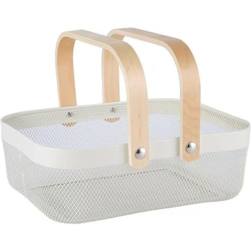 AJIODA Metal Mesh Steel Basket, Storage Organizer Basket Garden Harvest Basket Multi-functional Kitchen Fruit Baskets Bin with Wooden Handle for Bathroom Picnic Shopping Decor Cabinet Home, White