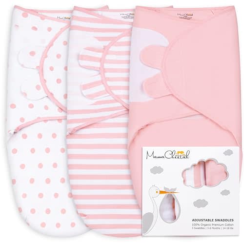 Mama Cheetah Baby Swaddle Blanket, Adjustable Newborn Swaddle Wrap for Infant (0-3 Month), 3 Pack Soft Organic Cotton