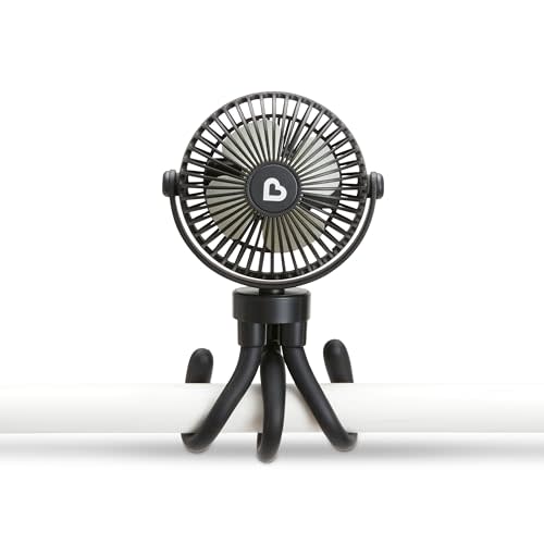 Munchkin Stroller Fan - Portable Fan for Travel, Baby Gear Accessory with 4 Speeds, Flexible Clip-on Leg Attachment, Rechargeable Battery, Black with Multicolored LED Lights