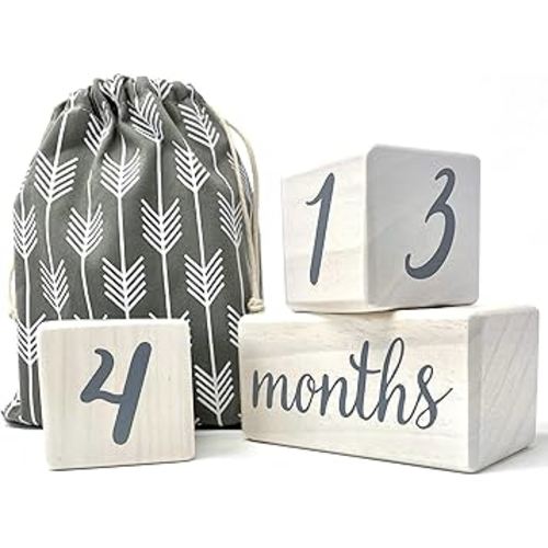 Pondering Pine Baby Milestone Blocks - Natural White Stain Pine Wood with Weeks Months Years Grade - Milestones Age Block Set with Bag, Newborn Weekly Monthly First Year Picture Props, Earth Friendly