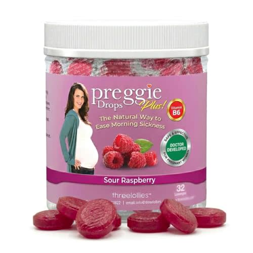 Three Lollies Preggie Pop Drops Plus Pregnancy Candy, Raspberry, 32 Count | Pregnancy support candy with vitamin B6 and essential oils; sour raspberry flavor, 32 count.