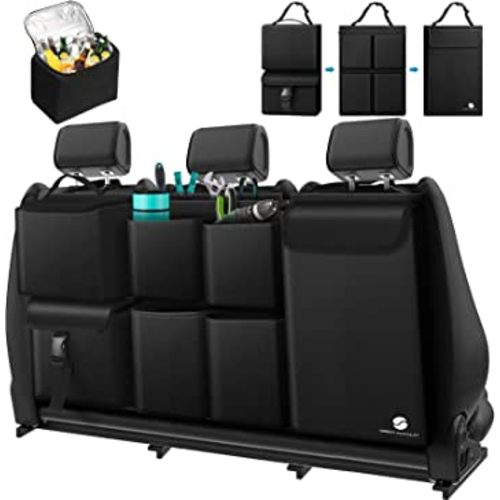 Hanging Car Trunk Organizer with Cooler, Large Pockets, Zippers Detachable Seat Back Waterproof Car Storage Trunk Organizer for Jeeps, SUVs, Black