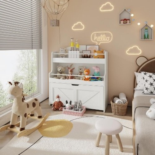 ACOINEL Kids Bookshelf & Toy Storage Organizer, White Bookcase with Movable Drawer & Crossbar for Playroom/Nursery