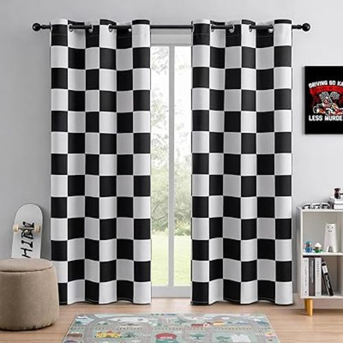 100% Blackout Curtains – Black and White Checkered Race Flag Pattern, 2 Panels, Each W42×L84, Thermal Insulated, Nosie Reducing for Bedroom, Living Room, Race car Drapes