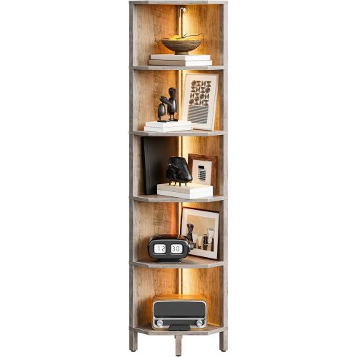 CHOEZON LED Corner Shelf with Lights, 5-Tier Diamond Shape Bookshelf, Standing Narrow Storage Organizer for Living Room, Bedroom, Office, Study, Greige MCJ03DFH