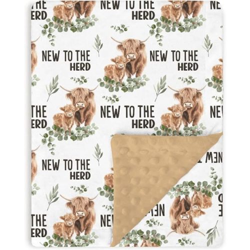 Tewrnvioc Highland Cow Baby Blankets for Boys Girls 30 x 40, Eucalyptus leaf Soft Double Layer Minky Blanket with Dotted Fleece Back, Nursery Bed Receiving Quilt for Newborn Infant Toddler Shower Gift