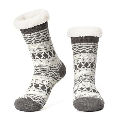 Women's Knit Slipper Socks with Non-slip Grippers, Warm Fuzzy Fluffy Sherpa Lined, Cozy Christmas Gifts