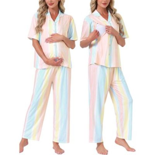 INSPIRE CHIC 2 Pcs Maternity Nursing Short Sleeves Breastfeeding Loungewear Button Down Postpartum Pajama Sets Large Light Pink