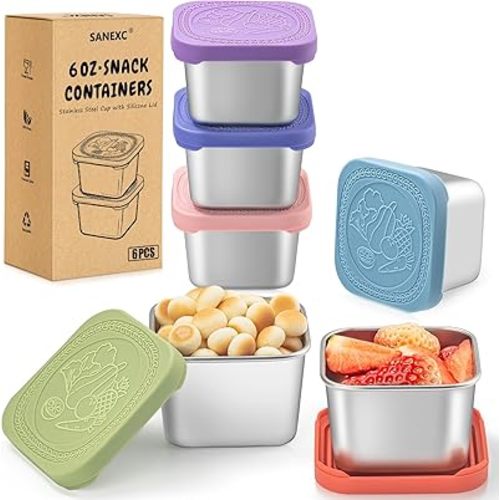 6 Oz Stainless Steel Snack Containers for Kids - 6 Pack Metal Food Containers with Lids Silicone Easy Open 100% Leak Proof BPA Free Reusable Baby Lunch Box for Daycare Travel and Office