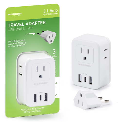 Merkury Innovations 6 Outlet Surge Protector with EU Travel Adapter, 3 AC Outlets, 2 USB-A & 1 USB-C