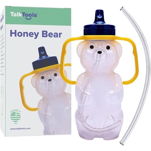 TalkTools Honey Bear Straw Cup with Handle, 7oz – Soft Straw Trainer for Babies & Toddlers 4+ Months – Easy-Grip, Dishwasher Safe.