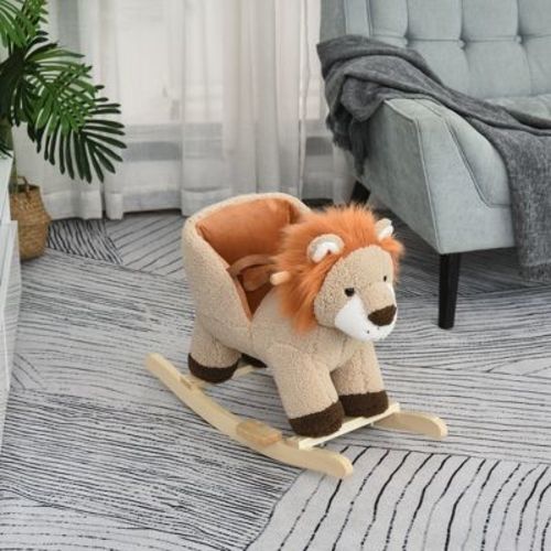 Baby Rocking Horse Lion with Sound, Plush Stuffed Rocking Animals, Wooden Rocking Horse with Seat Belt for 18-36 Months Boys and Girls Gift, Brown