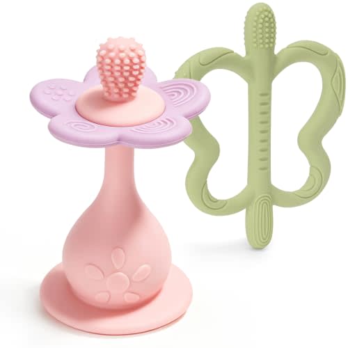 Baby Teething Toys, 2-Pack Silicone Teether Set for Babies 3-24 Months | Flower Rattle & Butterfly Teether,BPA-Free,Easy Grip,Gum Soothing,Safety Petal Guard,Easy to Clean,Green&Pink