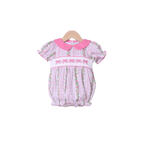 Smocked Fancy Floral Pink Collar Short Sleeve Bubble