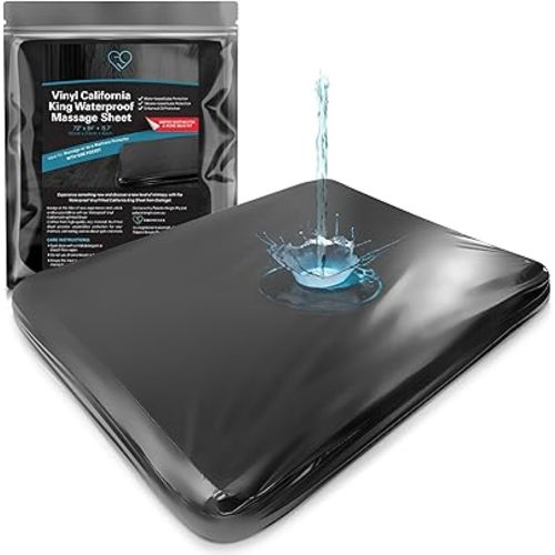Black Vinyl California King Waterproof Fitted Massage Bed Sheet with Side Pocket | Mattress Protector, Bed Cover for Nuru Massage - Oil, Water-Based, Silicone Safe | 72″ x 84″ +15.7'' Deep Pocket