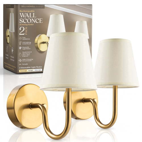 Bell+Howell Rechargeable Wall Sconces Set of 2, Battery Operated Wall Sconce with 3 Dimmable Light Modes, No Wiring Needed, Gold Wall Lights for Bedroom, Living Room, Hallway, Wireless LED Indoor Wal