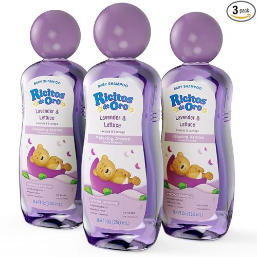 Ricitos de Oro Lavender Baby Shampoo | Nourishes & Softens Baby Hair, Gentle Lavender Scent, Tear Free Formula, Promotes Better Sleep, Includes Rattle Cup, Natural Ingredients, Size 8.45 oz, 3-Pack