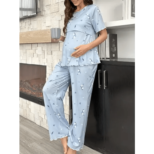 Elegant Maternity Floral Print Nursing Pajama Set with Ruffle Trim - Comfortable Short Sleeve Top & Long Pants, Machine Washable