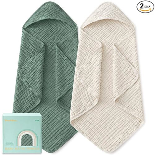 Yoofoss Hooded Baby Towels for Newborn 2 Pack 100% Muslin Organic Cotton Baby Bath Towel with Hood for Babies, Infant, Toddler and Kids, Large 32x32Inch, Soft and Absorbent Newborn Essential