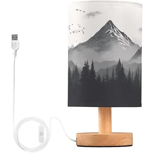 Nature Mountains and Forest Table Lamp Bedside with USB Ports Nightstand Lamps with Fabric Lampshade for Reading, Bedroom, Living Room Home Office