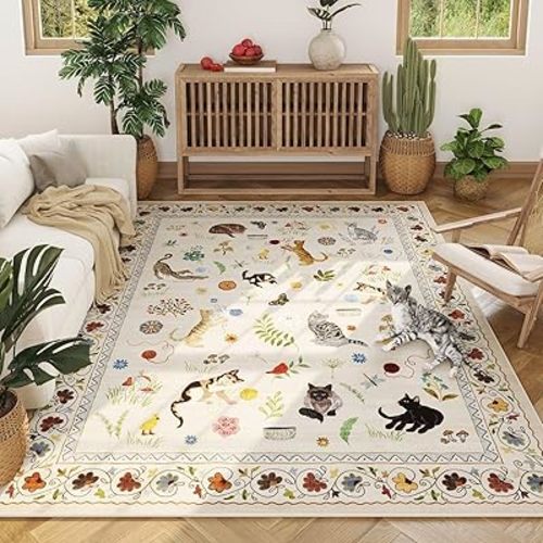 Living Room Rug 6x9 Rug Machine Washable Boho Area Rug Non Slip Floral Animal Cat Vintage Low Pile Large Rug for Living Room Bedroom Farmhouse Dining Room Kids Playroom, Beige